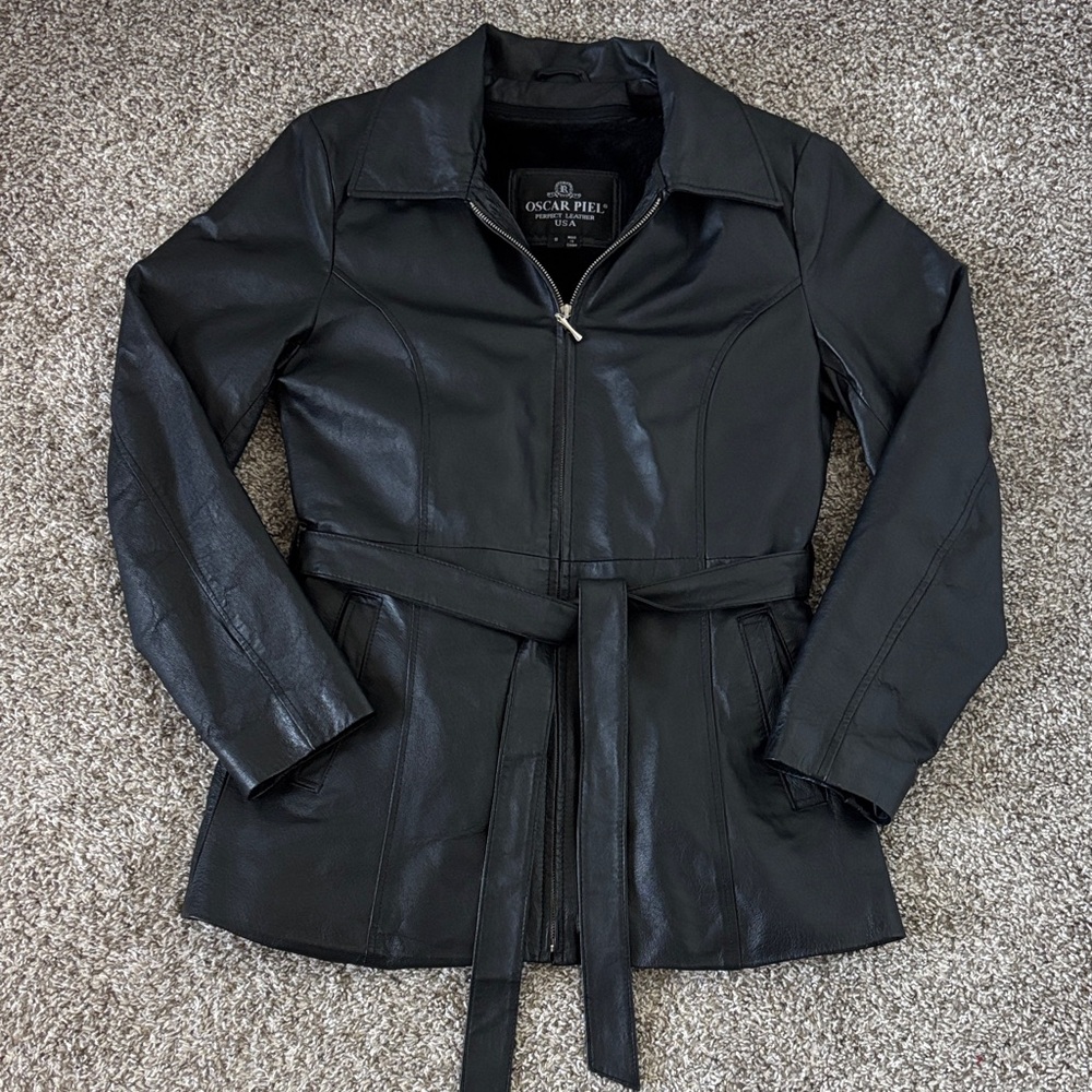Women's Black Genuine Leather Belted Jacket w/ Removable Liner Size S
